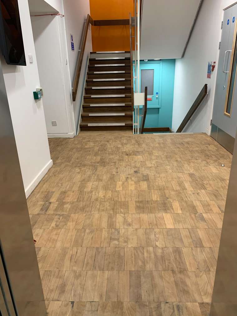 Southampton University - Restoration of Parquet Flooring with Intumescent Varnish - Before - Emerald Painters Portfolio